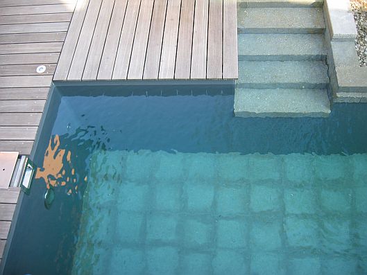 Natural pool design, deck and stairs